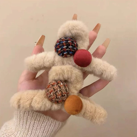 Vintage Grande Pinza per Capelli in Peluche per Donna Inverno Calda Pinza a Squalo in Pelliccia Sintetica con Decoro a Palla in Tweed
