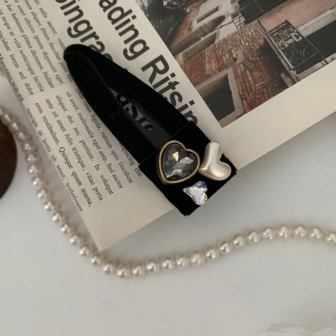 Fermaglio per Capelli Vintage in Velluto Nero per Donna con Perla Artificial Cuore e Strass Clip BB Decorativa in Lega Gioiello