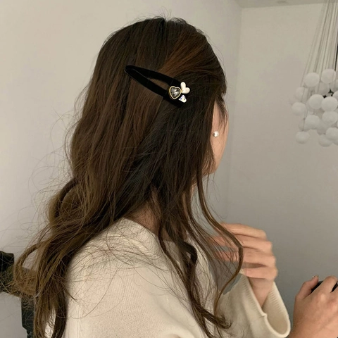 Fermaglio per Capelli Vintage in Velluto Nero per Donna con Perla Artificial Cuore e Strass Clip BB Decorativa in Lega Gioiello
