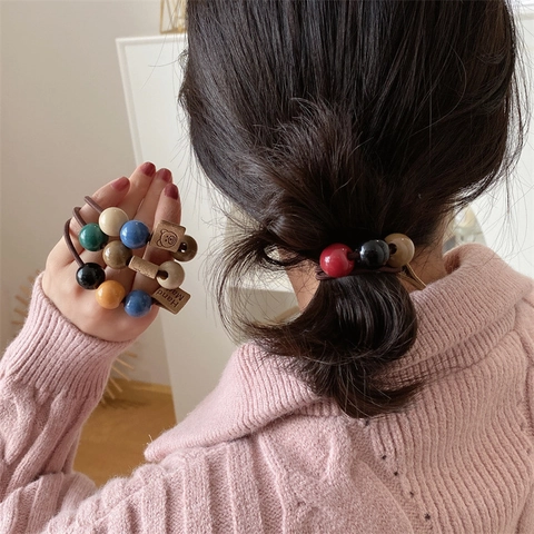 Retro Beaded Hair Ties High Elastic Ponytail Holders Round Resin Beads Hair Scrunchies For Women Girls Handmade Hair Accessories