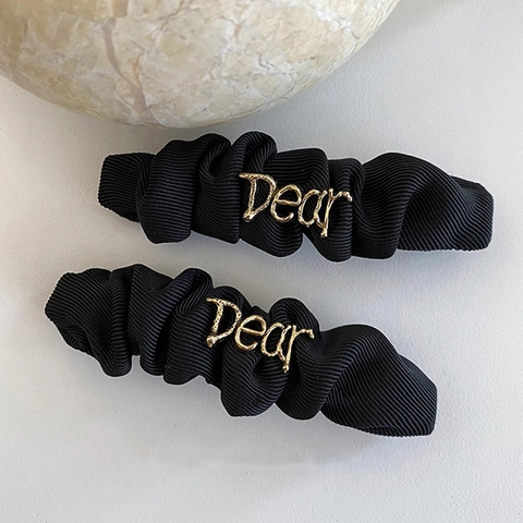 Vintage Schwarz Plissiert Stoff Haarklammer Mit Goldenen Dear Metall Buchstaben Elegante Entenschnabelklemme Für Damen Accessoires