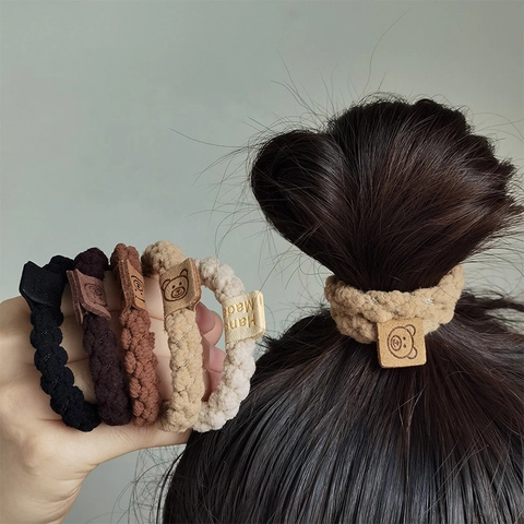 Chouchous en Tissu Tricoté avec Étiquette d'Ours Élastiques Doux et Durables pour Femmes Accessoires de Coiffure Quotidien