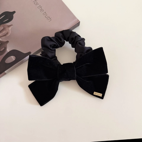 Französisches Vintage Schwarzes Samt Haargummi Goldene Metallmarke Elegantes Schleifen Haarband Für Damen Haarschmuck