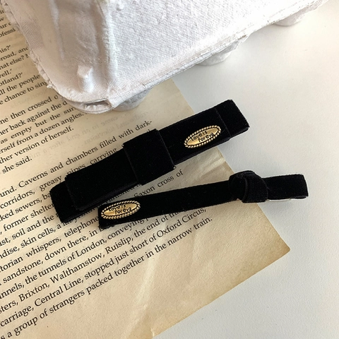 Vintage French Velvet Bowknot Hair Clip And Straight Hair Clip Set Love Forever Engraved Gold Metal Hair Accessory For Women