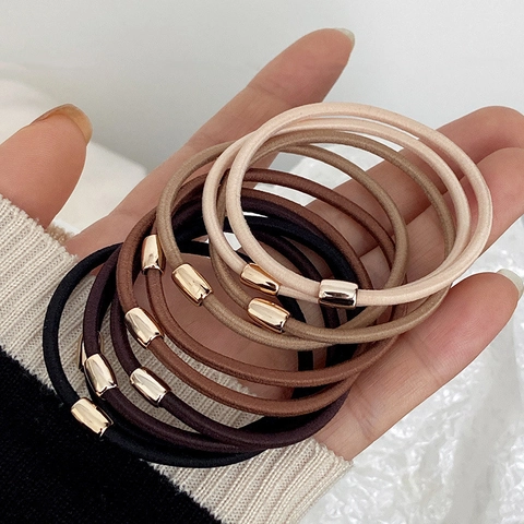 Élastiques À Cheveux Minimalistes À Haute Élasticité Pour Femmes Filles Tons Café Terre Décoration De Perles En Métal Doré Accessoires De Coiffure Durables