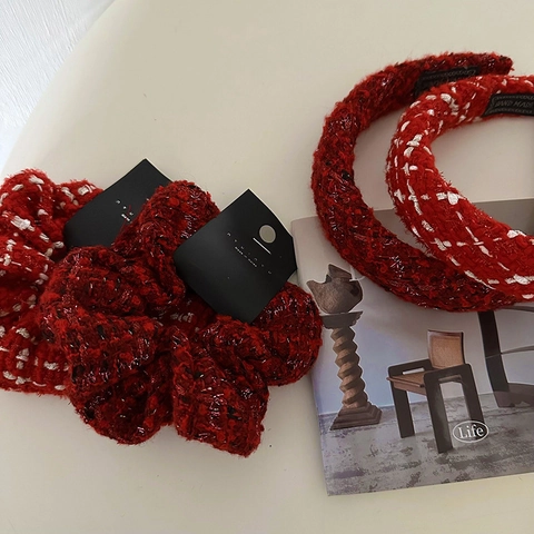 Ensemble Serre-tête Et Chouchou en Tweed Rouge à Carreaux Pour Femmes Plump High Cranial Top Nouvel An Accessoires Cheveux