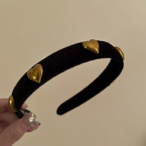Cerchietto in Velluto Nero Vintage Francese per Donna Elegante Cuore Oro Decorazione Metallo Retro Autunno Inverno Accessori Capelli