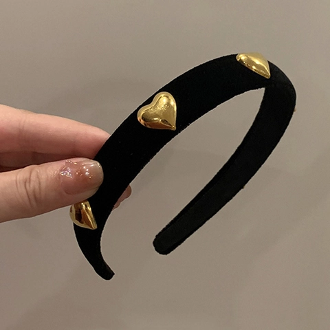Cerchietto in Velluto Nero Vintage Francese per Donna Elegante Cuore Oro Decorazione Metallo Retro Autunno Inverno Accessori Capelli