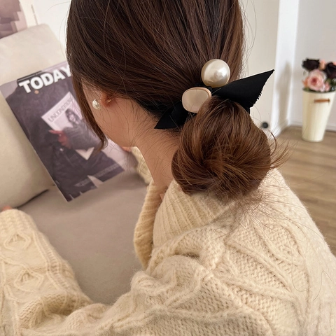 Elegante Elastico per Capelli con Fiocco e Grande Perla Artificiale con Pietra in Resina Marmorizzata Fascia per Capelli ad Alta Elasticità per Donna