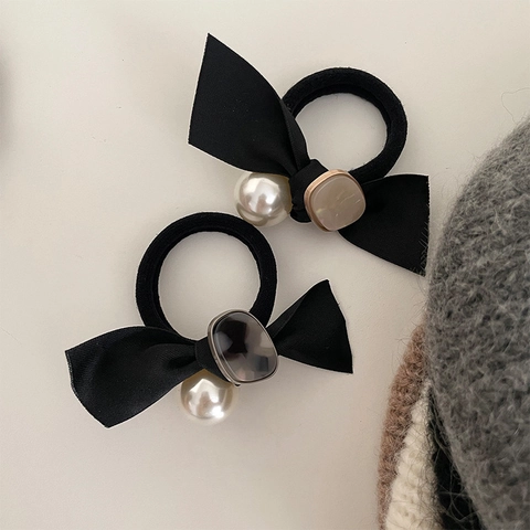 Elegante Elastico per Capelli con Fiocco e Grande Perla Artificiale con Pietra in Resina Marmorizzata Fascia per Capelli ad Alta Elasticità per Donna