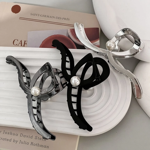 Pince per Capelli in Lega con Perla Artificiale Grande Stile Coreano Elegante Molletta in Metallo per Donna