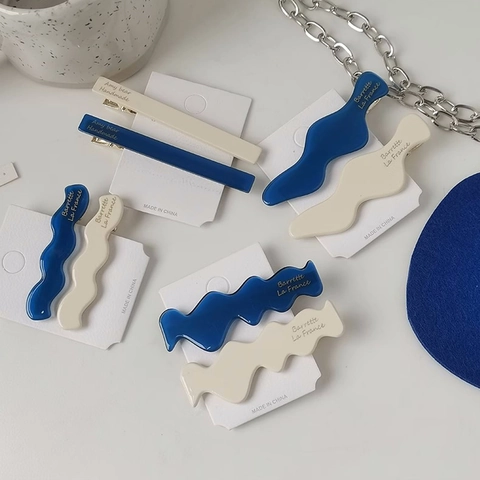 Fermagli per Capelli Francesi in Acetato Minimalista Onde Geometriche Clip a Becco Blu Notte Bianco Crema Donna Gioielli