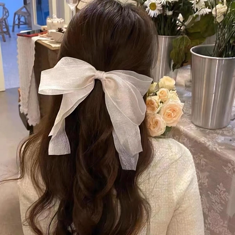 Französischer Stil Großer Schleifen Haarclip Mit Langen Bändern Netzgewebe Handgefertigter Federclip Eleganter Kopfschmuck Damen
