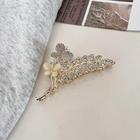 Elegant Alloy Butterfly Wheat Ear Hair Claw Clip For Women High End Rhinestone Artificial Pearl Shark Clip Hair Accessories