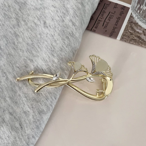 Elegante Fermaglio per Capelli a Foglia di Ginkgo in Lega Strass Pietra Occhio di Gatto Artificiale per Donna Stile Coreano Oro Accessorio