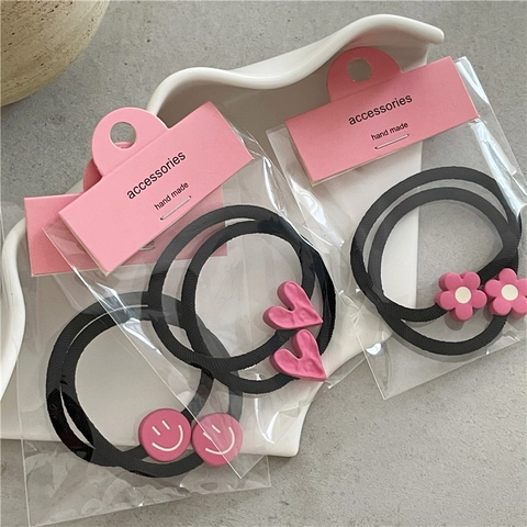 Koreaanse Stijl Zoete Roze Bloem Hart Beer Glimlach Hars Haarelastiekjes Set Zwarte Hoge Elasticiteit Haartouwen Voor Vrouwen Meisjes Dagelijkse Haaraccessoires