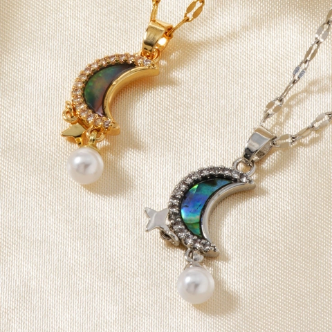 Collar Con Colgante de Media Luna de Cobre para Mujer Micro Incrustaciones de Strass Estrella de Concha de Abulón Perla Artificial Oro Plata Joyas