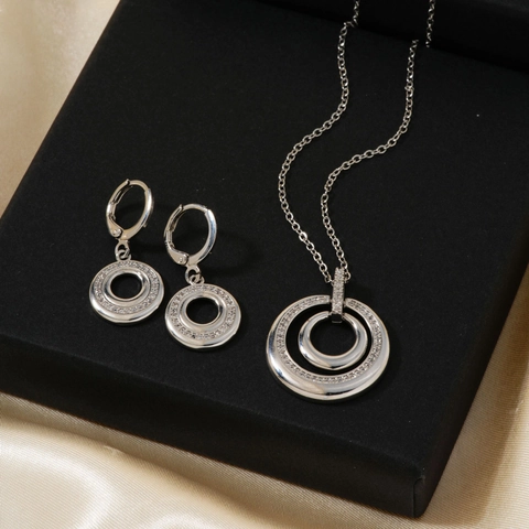 Vintage Copper Rhinestone Necklace Earring Set Geometric Round Double Circle High-End Jewelry Set For Women Wedding Party
