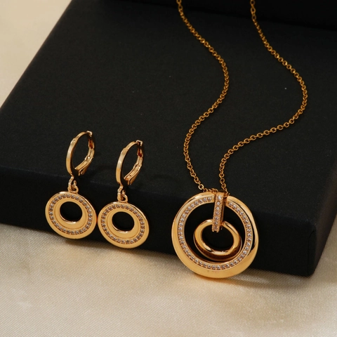 Vintage Copper Rhinestone Necklace Earring Set Geometric Round Double Circle High-End Jewelry Set For Women Wedding Party