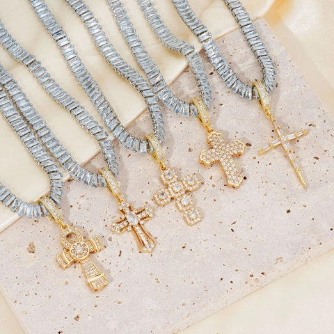 Hip Hop Iced Out Kreuz Anhänger Halskette Für Herren Damen Kupfer Zirkonia Tenniskette Ankh Religiöser Schmuck Geschenk