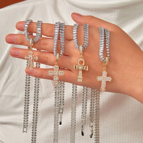 Hip Hop Iced Out Kreuz Anhänger Halskette Für Herren Damen Kupfer Zirkonia Tenniskette Ankh Religiöser Schmuck Geschenk