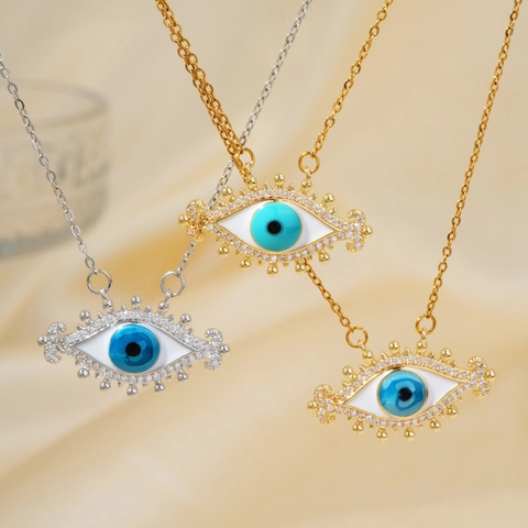 Collana con Pendente Malocchio in Rame Zirconia Smalto Occhio Turco Placcato Oro Argento Gioielli Bohémien per Uomo Donna