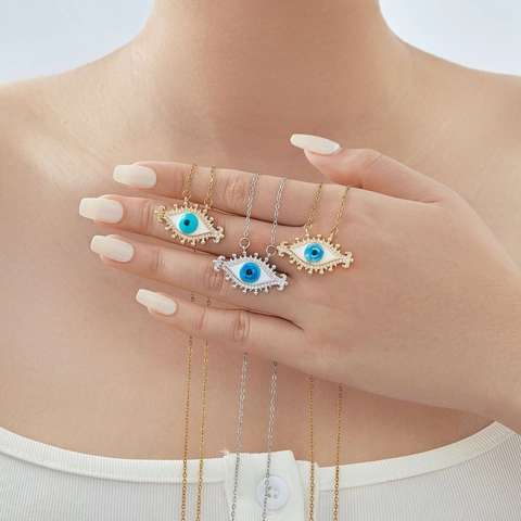 Collana con Pendente Malocchio in Rame Zirconia Smalto Occhio Turco Placcato Oro Argento Gioielli Bohémien per Uomo Donna