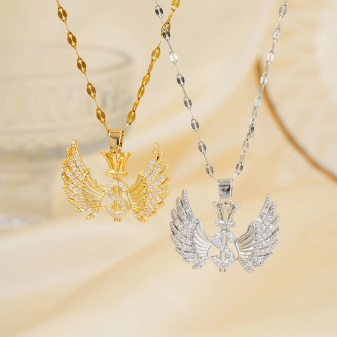 Angel Wings Dollar Sign Crown Pendant Necklace Copper Zirconia Hip Hop Street Jewelry For Women Party Daily Wear Accessory