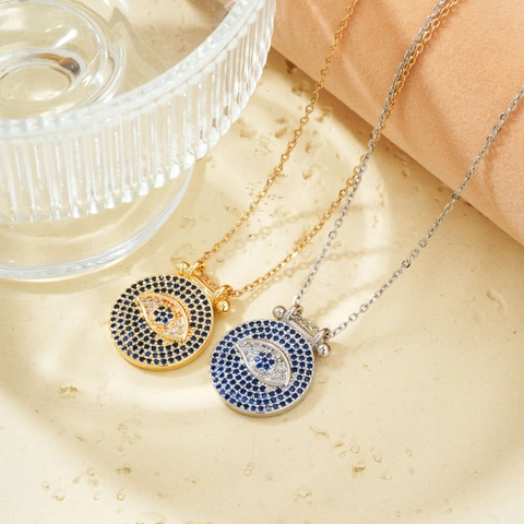 Collar de Ojo Turco de Disco Redondo de Cobre Zirconia Estilo Hip Hop Chapado en Oro Plata Joyería para Mujer Accesorio Diario Regalo