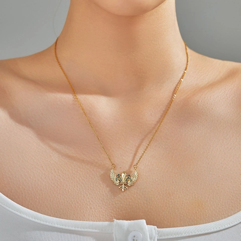 Vintage Fleur-De-Lis Wings Holy Sword Pendant Necklace Copper Zircon Gold Silver Plated Hip Hop Jewelry Gift For Women