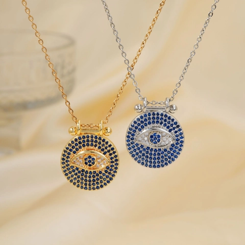 Collar de Ojo Turco de Disco Redondo de Cobre Zirconia Estilo Hip Hop Chapado en Oro Plata Joyería para Mujer Accesorio Diario Regalo