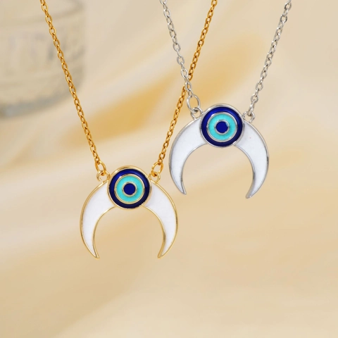 Collana con Pendente a Mezzaluna Malocchio in Rame Placcato Oro Argento Smalto Gioielli Occhio Turco per Donna