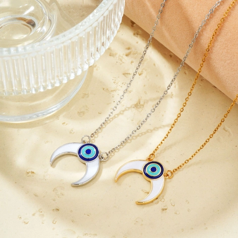 Collana con Pendente a Mezzaluna Malocchio in Rame Placcato Oro Argento Smalto Gioielli Occhio Turco per Donna