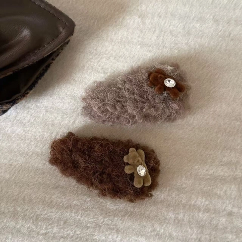 Korean Style Plush Bear Hair Clip With Rhinestone Autumn Winter Cute Fluffy Khaki Brown Hair Accessories For Women Jewelry