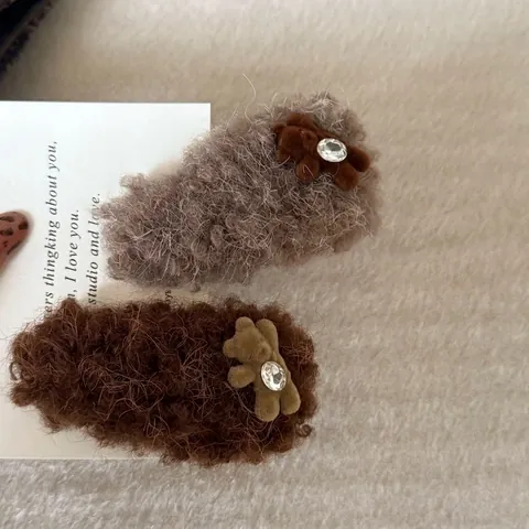 Korean Style Plush Bear Hair Clip With Rhinestone Autumn Winter Cute Fluffy Khaki Brown Hair Accessories For Women Jewelry