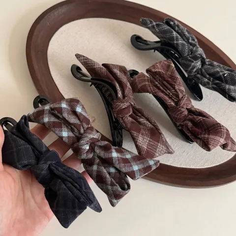 Vintage Plaid Bow Hair Clip For Women Retro Checkered Duckbill Clip High Ponytail Holder Korean Style Elegant Hair Accessories