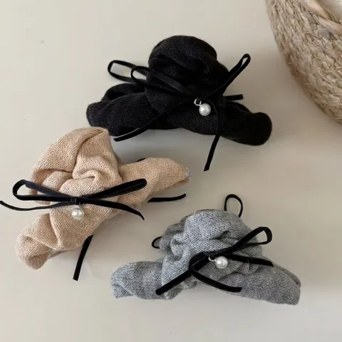 Dulce Pinza para el Cabello de Nube de Tela Tejida para Mujer Elegante Lazo Perla Artificial Pinza Otoño Invierno Tocado