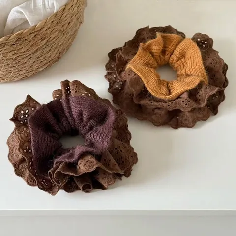Coletero Vintage de Punto y Encaje en Capas Anillo de Pelo Patchwork de Alta Elasticidad Gomas Retro para el Pelo Mujer Accesorios