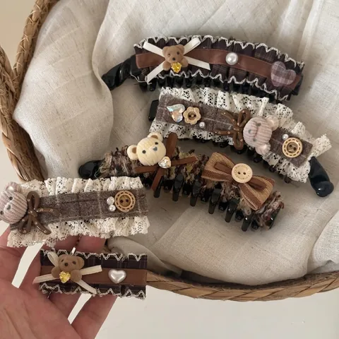 Vintage Spitze Gestrickte Plüschbär Schleife Bananenspange Herz Dekorative Vertikale Haarnadel Für Damen Mädchen Mori Haarschmuck
