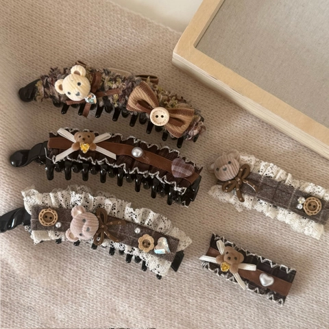 Vintage Spitze Gestrickte Plüschbär Schleife Bananenspange Herz Dekorative Vertikale Haarnadel Für Damen Mädchen Mori Haarschmuck