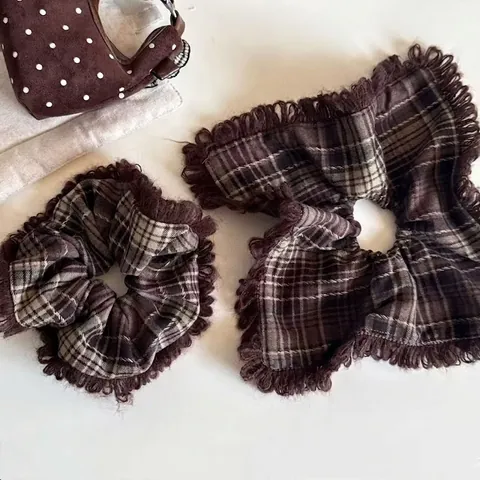 Coletero Vintage a Cuadros Marrón Café Con Borde con Flecos Para Mujer Estilo Coreano Tela Accesorio Grande Para El Cabello