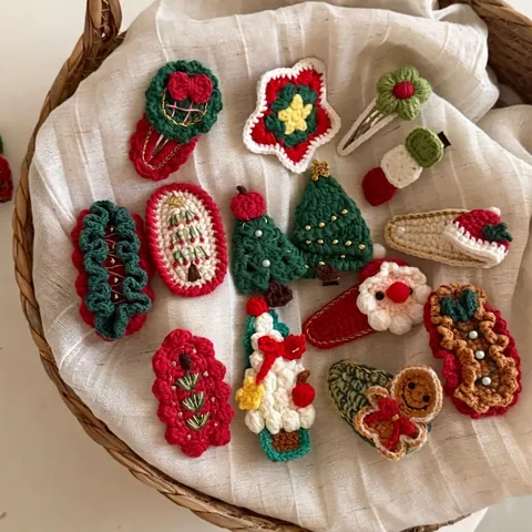 Handmade Crochet Christmas Hair Clips Knitted Santa Claus Christmas Tree Gingerbread Man Artificial Pearl Hairpin