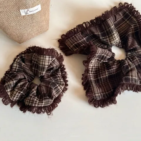 Coletero Vintage a Cuadros Marrón Café Con Borde con Flecos Para Mujer Estilo Coreano Tela Accesorio Grande Para El Cabello