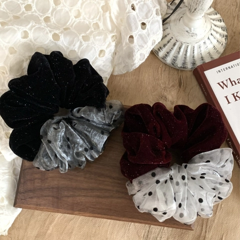 Vintage Fluweel Organza Kleurblok Scrunchie Stippen Glitter Haarband Elegante Haartouw Voor Vrouwen Mode Haaraccessoires