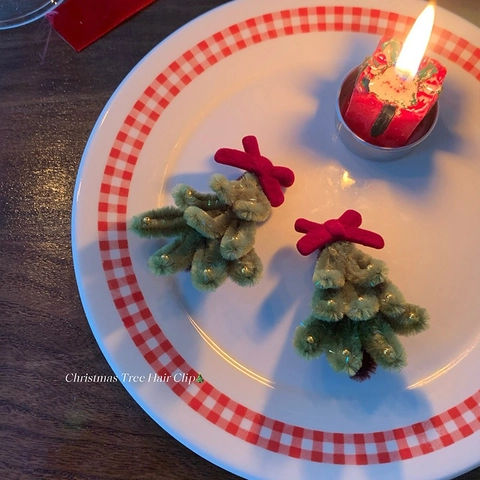 Fermaglio per Capelli a Forma di Albero di Natale Fatto a Mano in Ciniglia Verde Lega Fiocco Rosso Perla Artificiale Donna