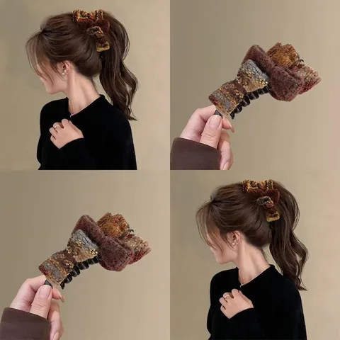 Elegante Tweed Stof Vlinder Strik Haarklem Mix Kleur Wollen Paardenstaart Houder Grote Antislip Haaraccessoire Voor Dames