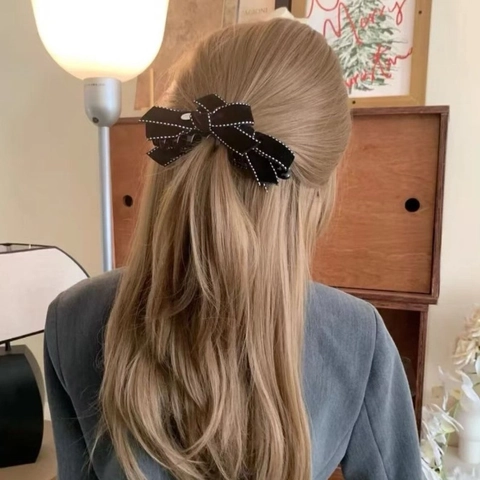 Pince Banane Noeud en Velours Noir Style Coréen pour Femmes Bordure à Pois Pince à Cheveux Accessoires de Cheveux Vintage