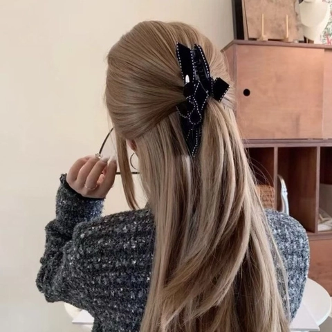 Pince Banane Noeud en Velours Noir Style Coréen pour Femmes Bordure à Pois Pince à Cheveux Accessoires de Cheveux Vintage