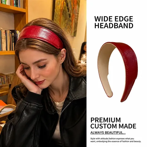 Korean Style Wide Faux Leather Headband Vintage PU Leather Hairband For Women Elegant Solid Color Daily Hair Accessories