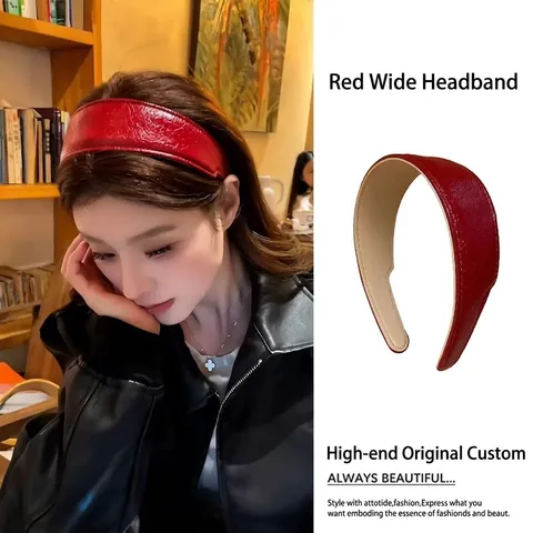 Korean Style Wide Faux Leather Headband Vintage PU Leather Hairband For Women Elegant Solid Color Daily Hair Accessories